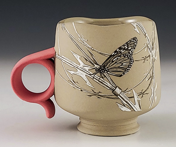 1 Juan Barroso’s mug, 3 3/4 in. (9.5 cm) in height, underglaze on stained porcelain, fired to cone 6, 2024. Photo: Companion Gallery.