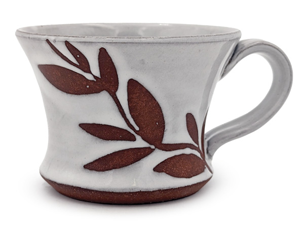 2 Kyla Strid's Espresso cup, 4 1/4 in. (10.8 cm) in width, Kaplan White glaze, brush work, fired in oxidation to cone 5, 2024.