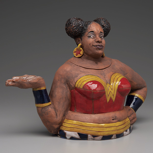 2 Sarah Peters’ Wondergrrrl Teapot, 15 in. (38.1 cm) in height, slip-cast terra cotta, underglaze, glaze, 2023.
