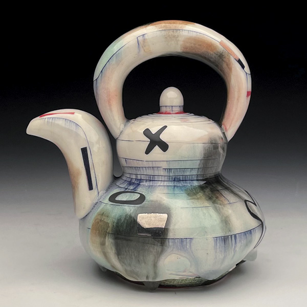 3 Ray Brown’s teapot, 8 in. (20.3 cm) in height, wheel-thrown and carved cone-6 porcelain, oxide and underglaze inlay, sand-blast etch and relief, vinyl resist, glaze, decal, luster, 2025.