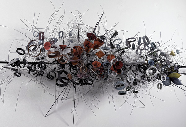 1 Brian Boldon's Thicket, 34 in. (86.3 cm) in width, 3D-printed nylon/carbon, acrylic, oil paint, wax, stainless steel, steel, 2024.
