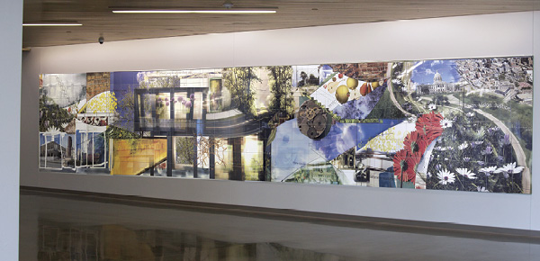 4 Brian Boldon's What Was Once Imagined, 40 ft. (12.2 m) in width, printed ceramic pigments, tile, fired in oxidation to 1650°F (899°C), anodized aluminum, 2017. Photo: Amy Baur.