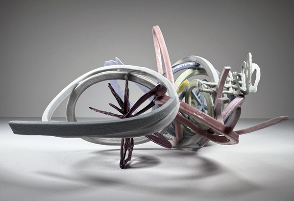 6 Brian Boldon's Perimeter Kinship, 14 in. (35.6 cm) in diameter, handbuilt and 3D-printed porcelain, glaze, fired in oxidation to 2200°F (1204°C), 2024.