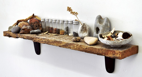 9 A small shelf in Cormier’s studio holds a collection of things that have caught her eye while foraging, such as interesting seashells, rocks, seed pods, etc.