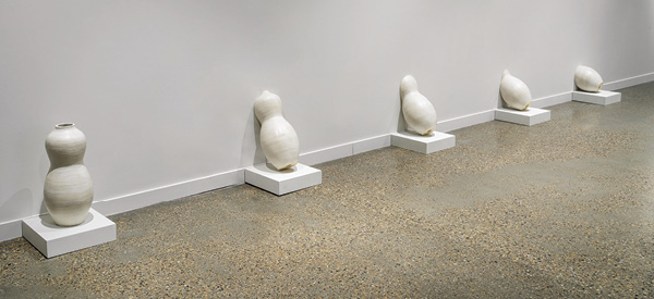 Benjamin Oswald's The Fall, various dimensions, stoneware, glaze, 2023. Photo: Blaine Campbell, courtesy of the Mitchell Art Gallery.