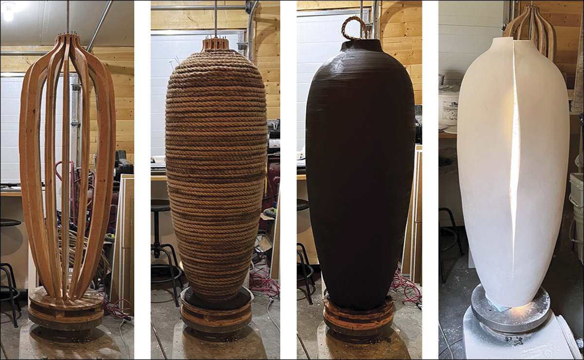 1 The jarre à la corde overall process from left to right: setting the wooden frame; wrapping it with rope; covering it with clay before removal of interior structure; further sculptural processing and firing.