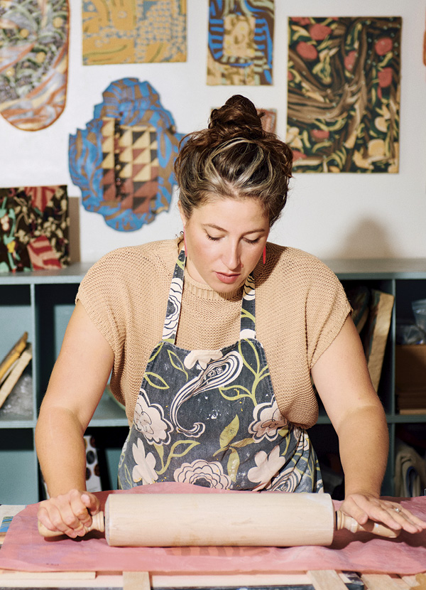 8 Rolling out a collaged slab. Photo: Grace Walker.