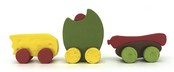 1 Chris Alveshere’s Snack Toys, to 3 in. (7.6 cm) in height each, colored porcelain, fired to cone 9 in an electric kiln, 2024.