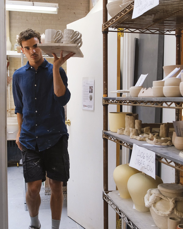 Carson Culp during his May 28–August 16, 2024, residency. Photos: Kate Parvenski. Greenwich House Pottery, New York, New York.