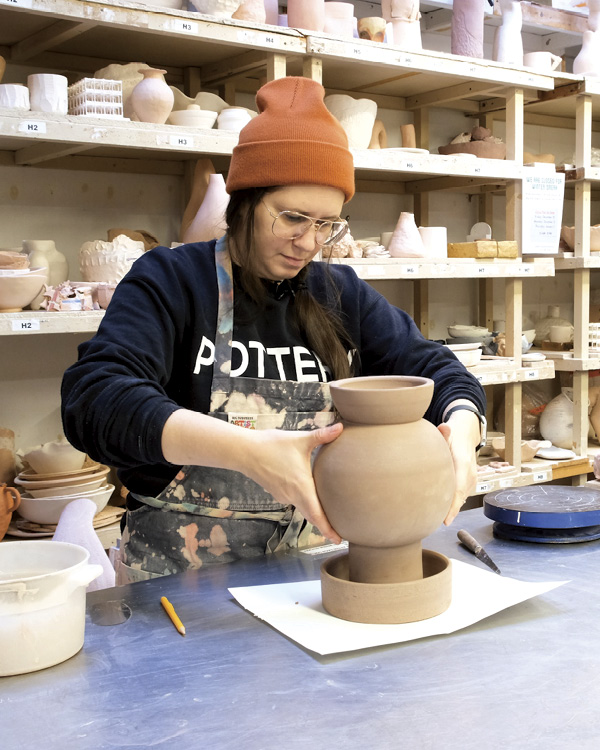 Gina Tibbott during her December 2, 2024–January 17, 2025, residency. Photos: Kate Parvenski. Greenwich House Pottery, New York, New York.