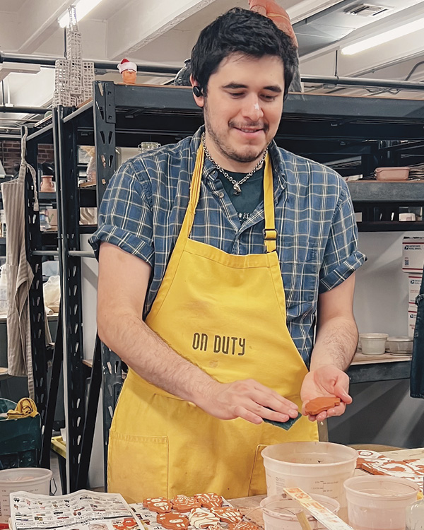 Warren Van Ryzin, Foundation Resident 2024–25 and 2025–26, working in his studio. Photo: Belger Arts. Belger Crane Yard Studios, Kansas City, Missouri.