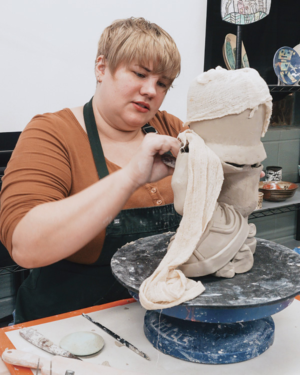 Hannah Schelb, Foundation Resident 2024–25 and 2025–26, working in her studio. Photo: Belger Arts. Belger Crane Yard Studios, Kansas City, Missouri.