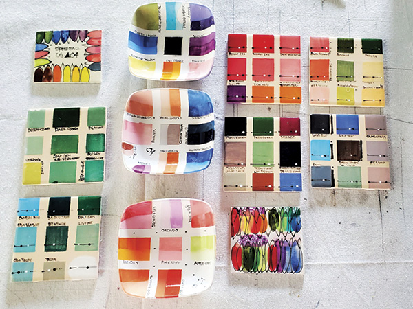 7 Creating test tiles for all of my palettes provides a visual reference for their fired appearance with or without a clear glaze.