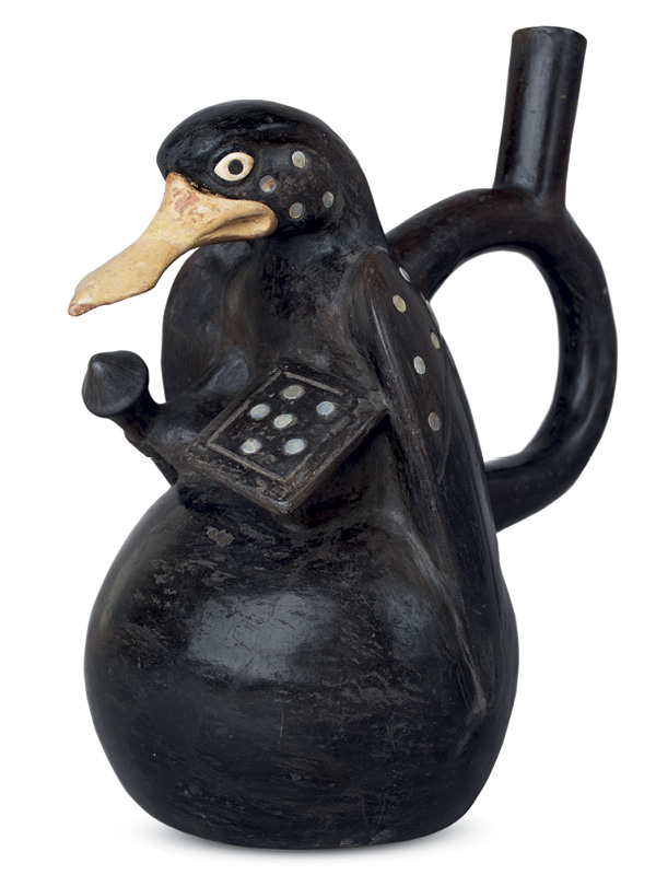 2 Vessel in the Form of a Warrior Duck, terra cotta, mother of pearl inlay, 500-650 CE. Museo Arqueológico “Santiago Uceda Castillo.” Ministry of Culture of Peru.