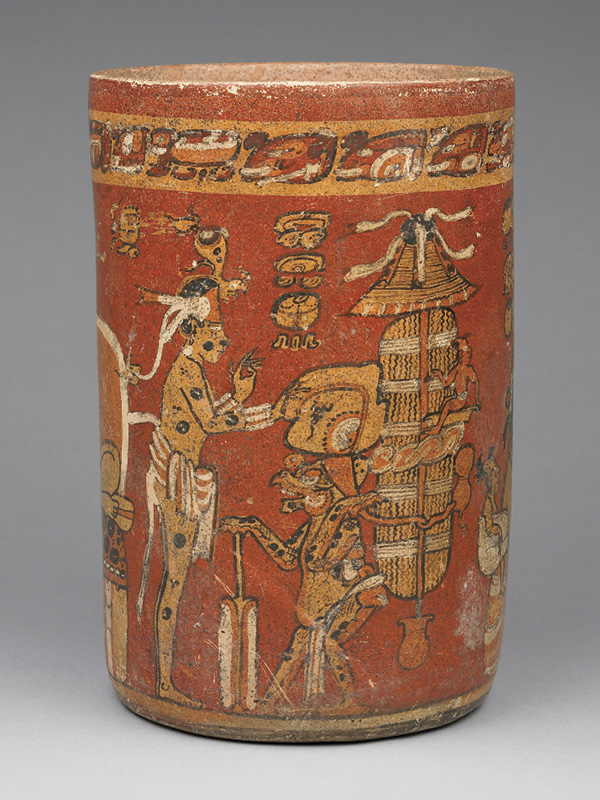 3 Drinking Vessel with the Maize God and Other Supernaturals, ceramic, polychrome slip, 600–700 CE. Princeton University Art Museum, New Jersey. Gift of Stephanie H. Bernheim and Leonard H. Bernheim Jr. in honor of Gillett G. Griffin, 2005-127.