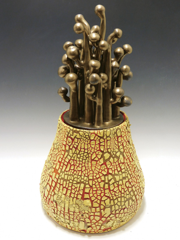 1 Donna Namnoum’s Yellow Plaid Jar with Bronze Buds, 16¾ in. (42.5 cm) in height, wheel-thrown and assembled stoneware, underglaze, glaze, fired in oxidation to cone 5, 2023.