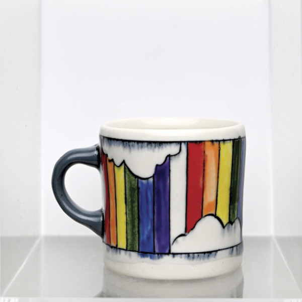 3 Bri Larsen’s Rainbow Cloud Demi Mug, 3¾ in. (9.5 cm) in height, porcelain, underglaze. Photo: Courtesy of The Clay Studio.