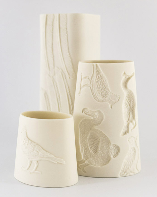 1 Tall Square Feather Vase, 9 in. (23 cm) in height, Small Convex Skylark Vase, 3½ in. (9 cm), Mid-Tall Multi-Image: Dodo, Shag, Skylark, 6⅛ in. (15.5 cm) in height, Parian, 2022. Photo: Mark Reeves.