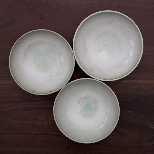 4 Matias Braun’s set of ramen bowls, 8¼ in. (21 cm) in diameter, local wild clay, White Liner Glaze, accent glaze, 2023.