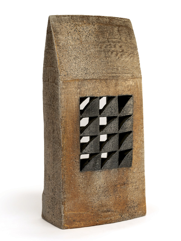 5 House, 20 in. (50 cm) in height, stoneware with sand, black slip, Tile 6 slip, salt, soda, wood fired, 2023.