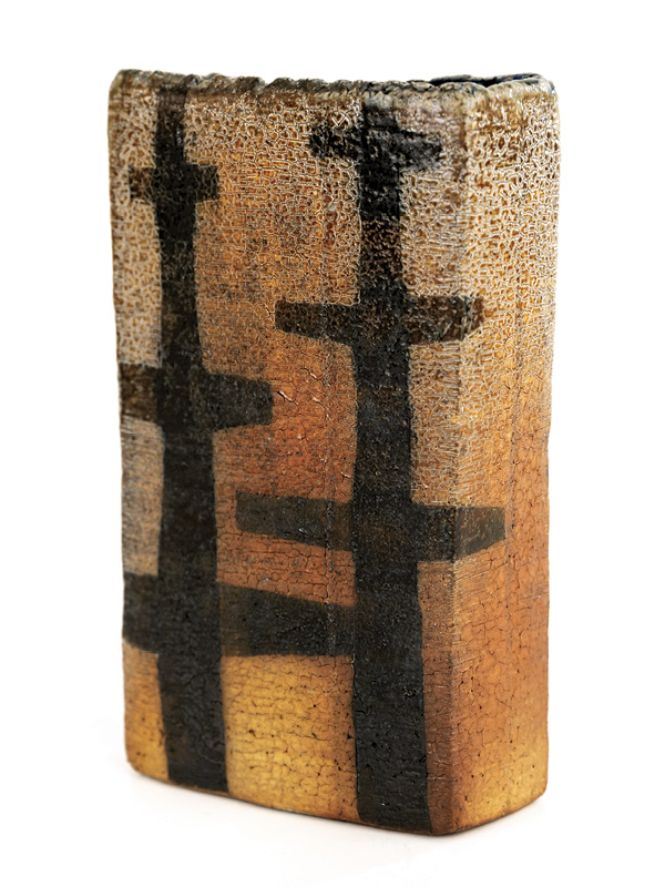 7 Square Vase with Trees, 7 in. (18 cm) in height, handbuilt stoneware with sand, black-and-white slip, salt, soda, and wood fired, 2023.