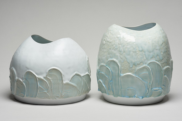 5 Glacier II + Glacier I, 117/16 in. (29 cm) in height, wheel-thrown porcelain, fired in reduction to 2336°F (1280°C). Photo: Jonathan Bassett.
