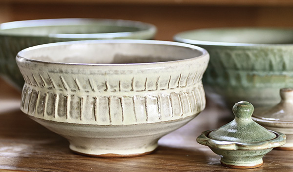 11 Lucy Fagella's Serving bowls and salt cellar, wheel-thrown and carved stoneware, glazes, fired and slow cooled in oxidation to cone 6 oxidation.