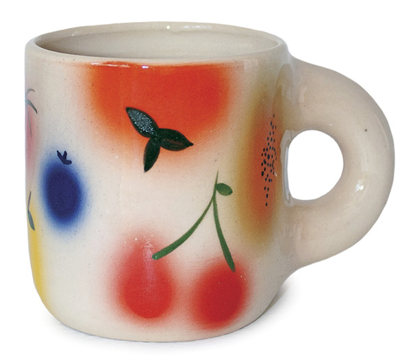 7 NonPorous Ceramics' Fruit Basket Mug, wheel-thrown ceramic, airbrushed and hand-painted details.