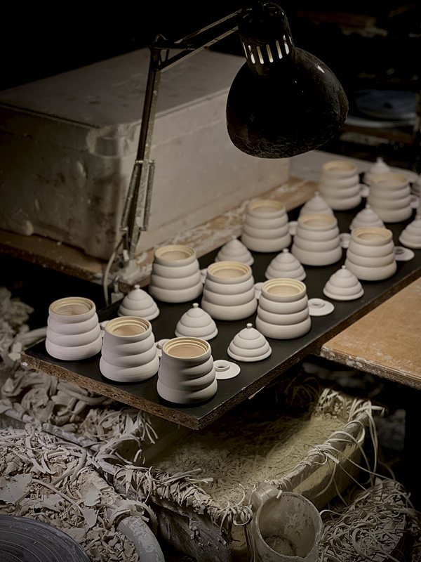4 Porcelain double-lidded honey pots, inspired by natural honeycomb, await their initial bisque firing.