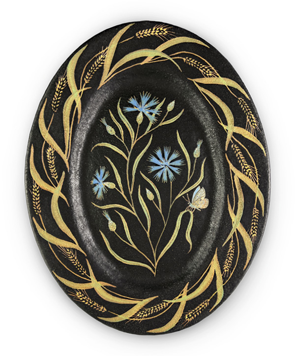 1 Kate Sampson's Cornflower Platter, 12 1⁄2 in. (31.8 cm) in length, stoneware, 2026.