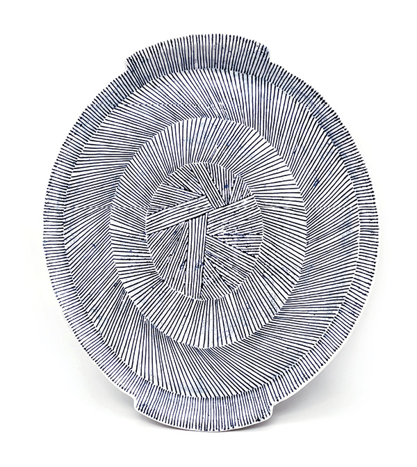 2 Liz Pechacek’s Large Herringbone Platter, handbuilt porcelain, incised glaze decoration, fired to cone 6, 2023.