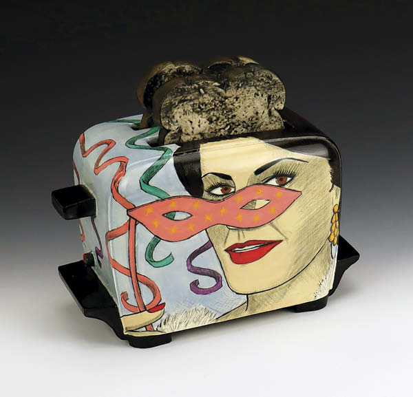 1 Shalene Valenzuela’s A Toast to Burning Desires: Masquerade, 7 in. (18 cm) in height, slip-cast earthenware, porcelain, 2023.