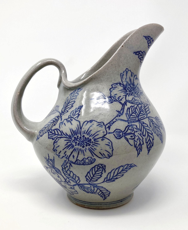 1 Ayla Mullen’s Wild Rose Pitcher, 7 in. (18 cm) in height, stoneware, underglaze, celadon glaze, 2022.