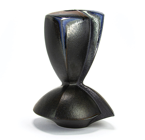 1 Olivia Tani’s Two Chamber Vase, 12 in. (31 cm) in height, stoneware, slip, fired to cone 10 in a soda kiln, 2022.