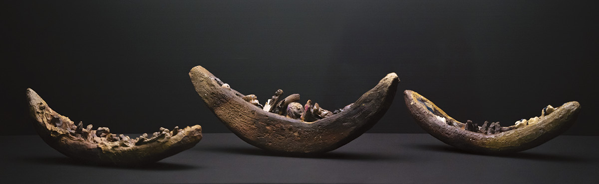 8 Adel Souki’s Mortuary Boat, 17 in (45 cm) in length, ceramic, slips, cloths, minerals, wood fired, 2020. Photo: Daniel Mansur.