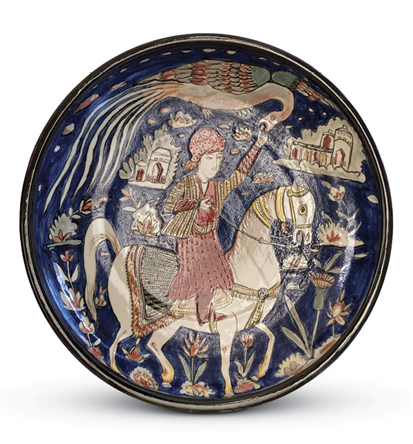 1 Naysan McIlhargey’s Prince on Horseback, feeding seemorgh, 14 in. (36 cm) in diameter, fired to cone 10 in an electric kiln, 2019. Photo: Asa Mader.