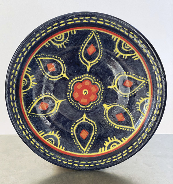 10 Cobalt Geometric Bowl, 10 in. (25 cm) in diameter, ceramic, fired to cone 10 in an electric kiln. Inspired by a 14th-century Lajvardina Ware bowl, Ilkhanid period, Iran, from the collection of Yale University Art Gallery. Photo: Asa Mader.