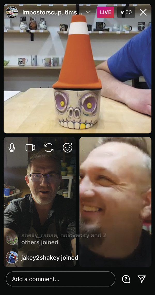 2 Screenshot of Instagram Live show previews. Moderator Isaac Shue (top) showing work by Tim Kowalczyk (bottom right) impersonating Bryan Wilkerson (bottom left).