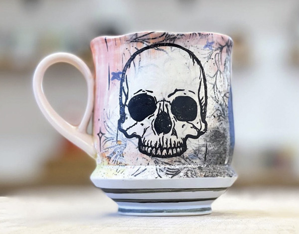 5 Marisa Mahathey impersonating Tony Young’s mug, 4½ in. (11.43 cm) in height, stoneware, underglaze transfer decoration, glaze, 2022. Photo: Isaac Shue.