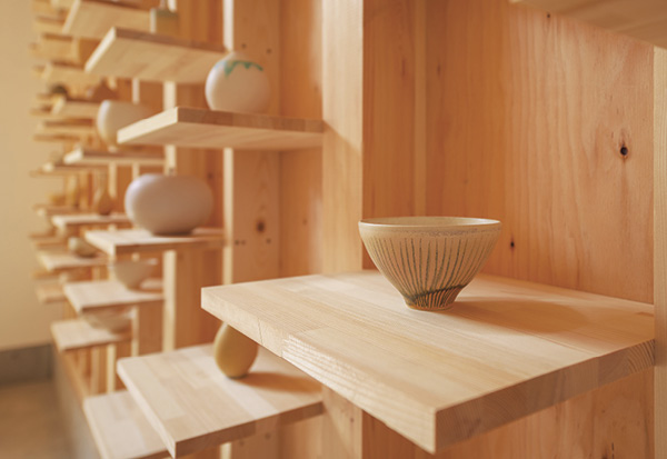 8 Wall shelving (detail), Ryuji Iwasaki House, 2013. Architect: Norio Yoshinaga, Office for Environment Architecture. Photo: Yuko Tada.