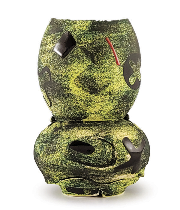 1 Ray Brown’s Oval Gourd Vase, 8 in. (20.3 cm) in height, wheel-thrown and altered porcelain, underglaze, oxide inlay, glaze, fired in oxidation to cone 6, overglaze enamel decals, gold luster, 2025. Photo: Companion Gallery.