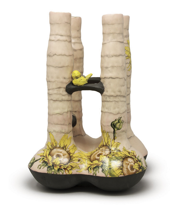 2 Ashley Kim’s Multi-Spouted Vase, 10 in. (25.4 cm) in height, handbuilt white clay, glaze, fired in oxidation to cone 5, decals, 2025.