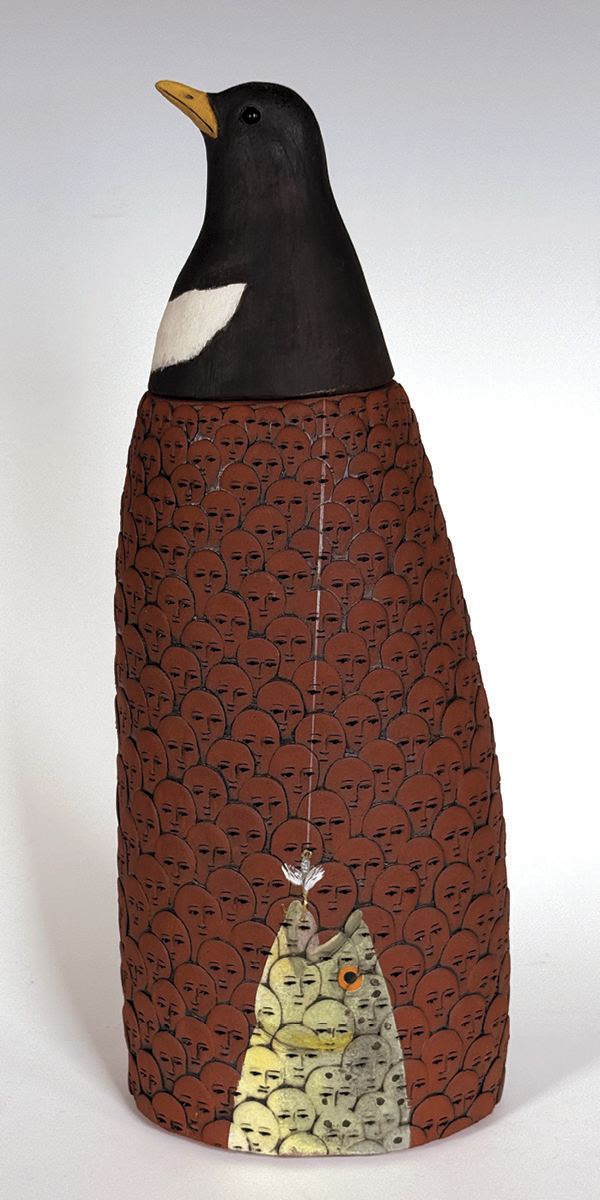 2 Susan Mattson’s Ousel and the Shadow of Pain, 16½ in. (41.9 cm) in height, earthenware, oxides, underglaze, 2025.