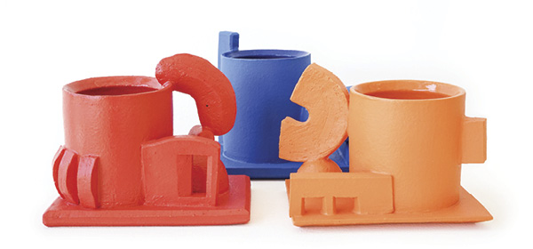 4 Austin Coudriet’s Construction Mug Series, 5 in. (12.7 cm) in height, stoneware, underglaze, glaze, 2025.