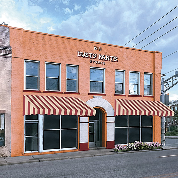 7 Projection of Dusty Pants Studio exterior, rendered by Jill Anderson, 2026.