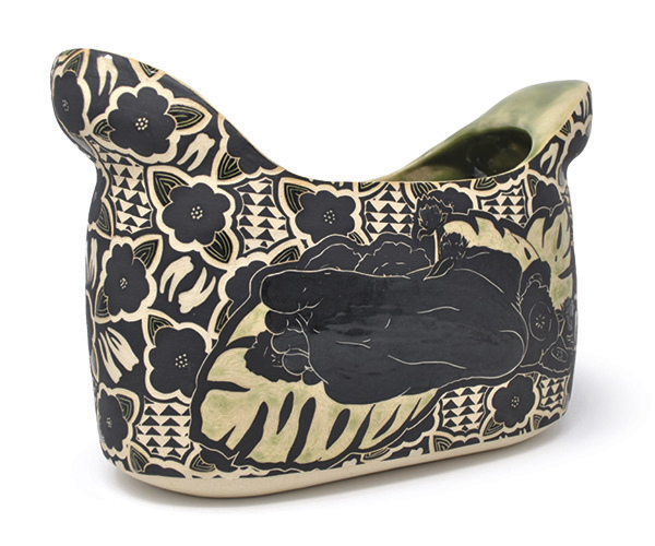 2 Kimberly LaVonne's Jaguar Vessel (back), 13 in. (33 cm) in length, ceramic, fired to cone 6, 2022.