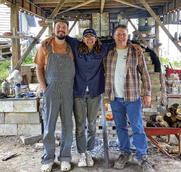 2 Brett Sauve, Persis Wade, and Eric Kaufmann on shift during the final firing of the kiln in April 2024. Eric was also present for the first firing of the kiln in October 2010. Photo: Justin Rothshank.