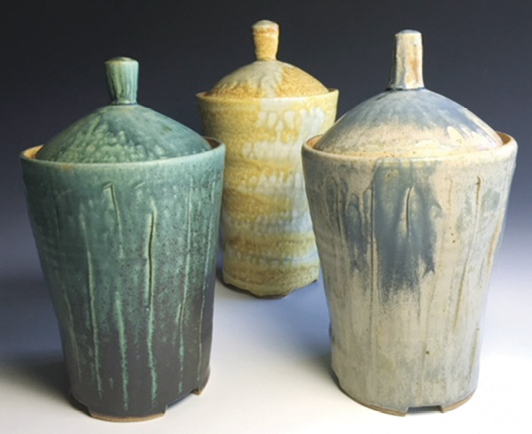 1 Jo Severson’s tall lidded jars, stoneware, Joe’s Green (left) and Blue Jay (right) glazes.