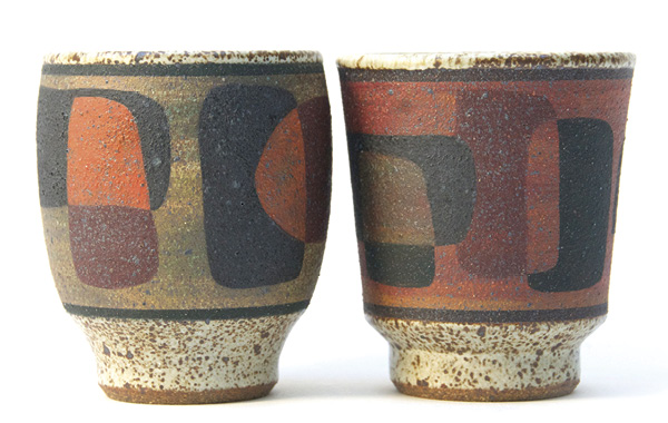 2 Kat and Roger’s cups, stoneware, underglaze, Satin Matte White Glaze.