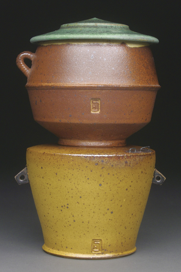 3 Stephen Haywood’s lidded cup and saucer, 7 in. (18 cm) in height, soda-fired stoneware, Yellow Flashing Slip, Patina Green glaze, 2013.